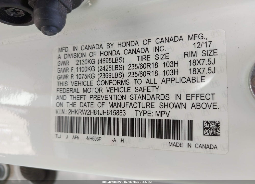 2018 HONDA CR-V VIN: 2HKRW2H81JH615883