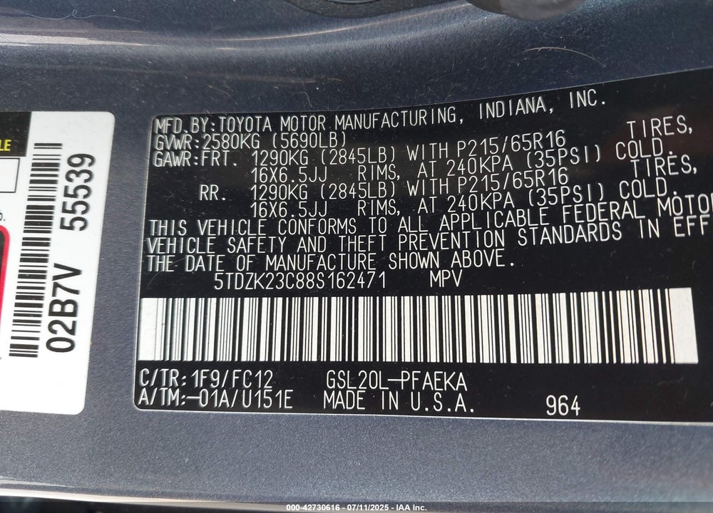 2008 TOYOTA SIENNA LE VIN: 5TDZK23C88S162471