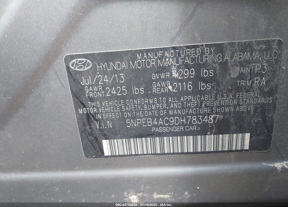 2013 HYUNDAI SONATA VIN: 5NPEB4AC9DH783487