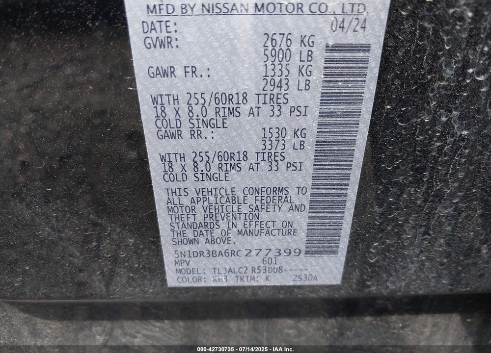 2024 NISSAN PATHFINDER VIN: 5N1DR3BA6RC277399