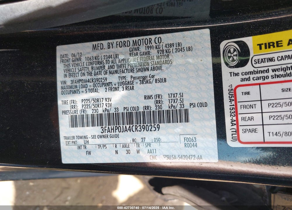 2012 FORD FUSION VIN: 3FAHP0JA4CR390259