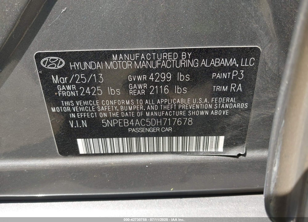 2013 HYUNDAI SONATA GLS VIN: 5NPEB4AC5DH717678