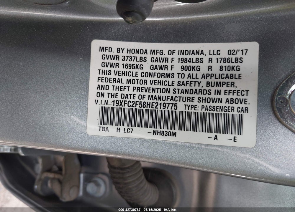 2017 HONDA CIVIC VIN: 19XFC2F58HE219775
