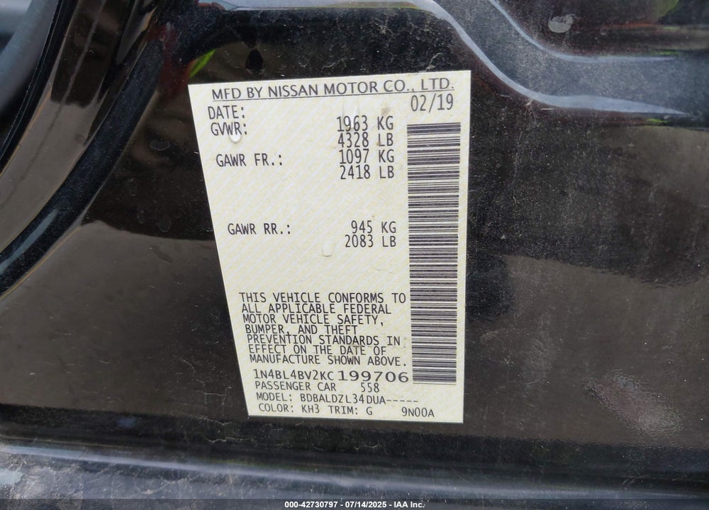 2019 NISSAN ALTIMA VIN: 1N4BL4BV2KC199706