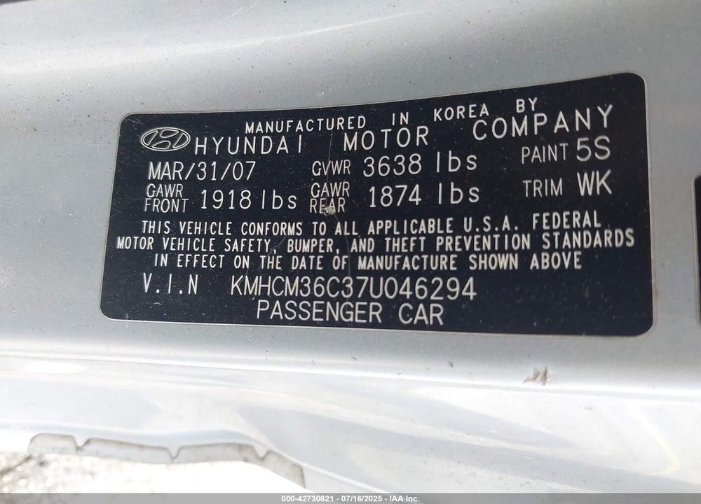 2007 HYUNDAI ACCENT VIN: KMHCM36C37U046294