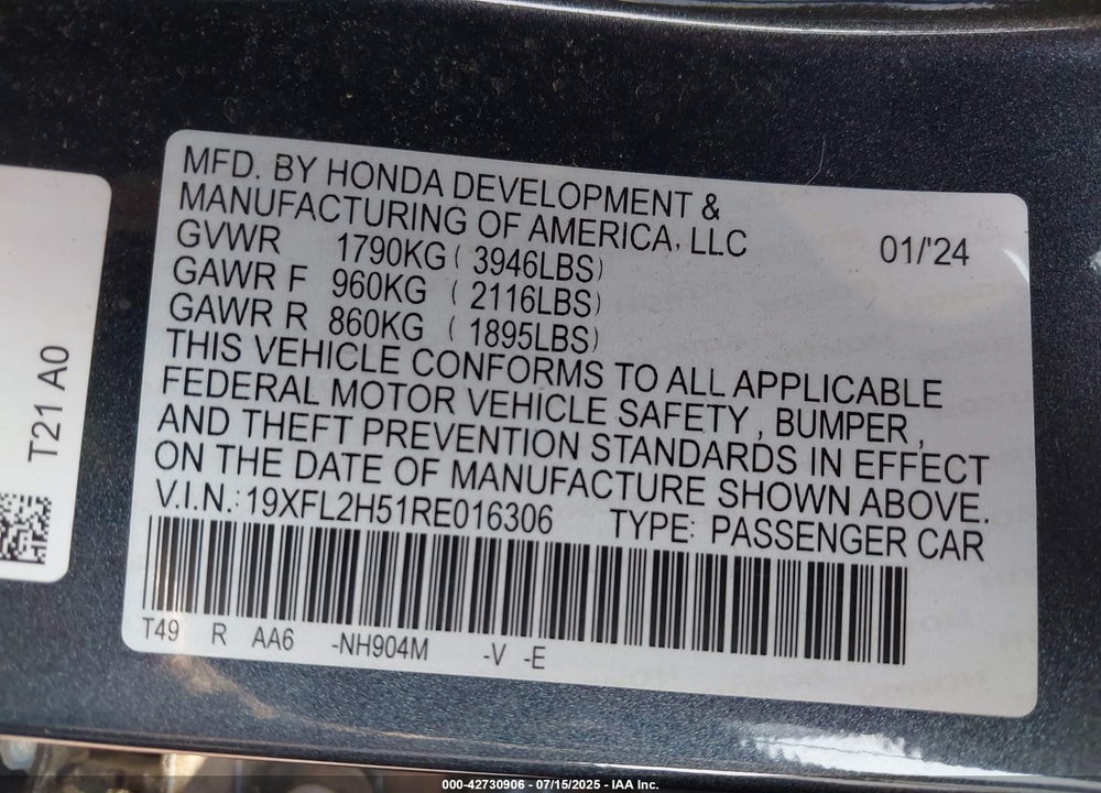 2024 HONDA CIVIC VIN: 19XFL2H51RE016306