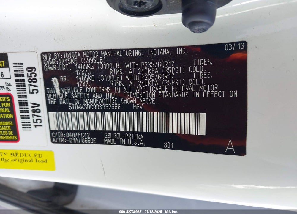 2013 TOYOTA SIENNA LE V6 8 PASSENGER VIN: 5TDKK3DC9DS352568