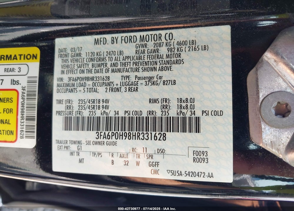 2017 FORD FUSION VIN: 3FA6P0H98HR331628