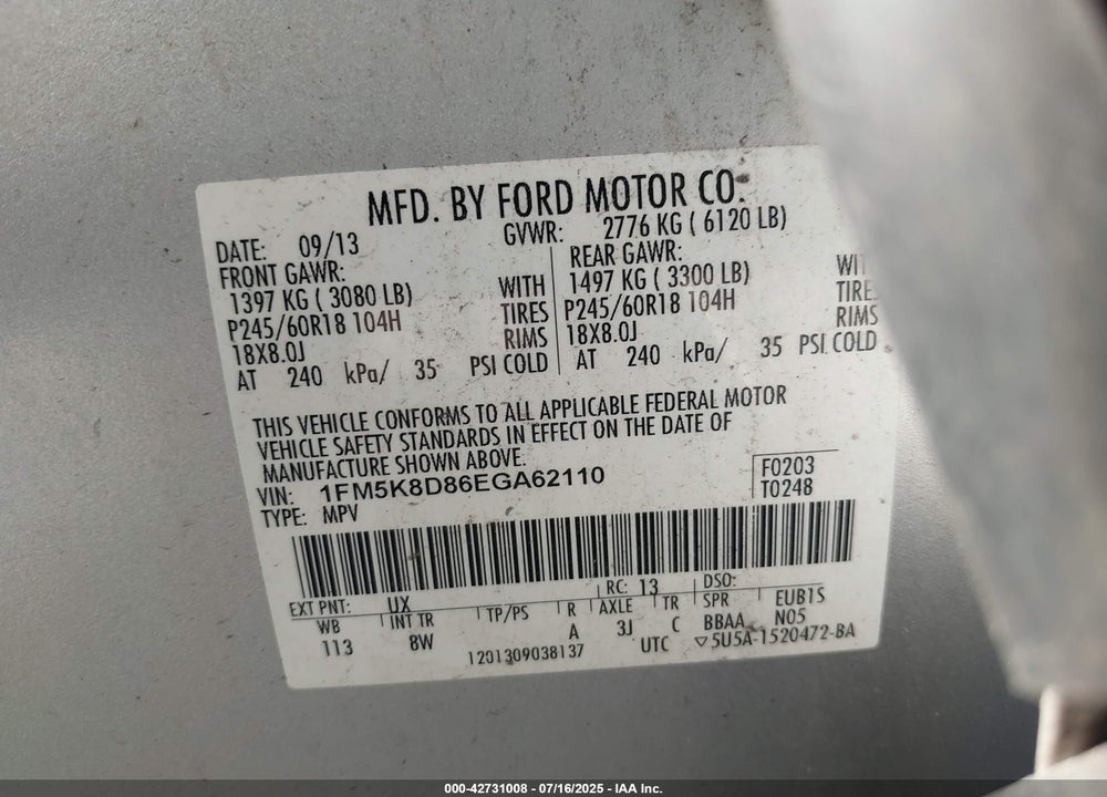 2014 FORD EXPLORER XLT VIN: 1FM5K8D86EGA62110