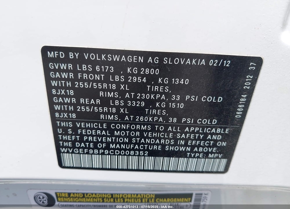 2012 VOLKSWAGEN TOUAREG VIN: WVGEF9BP9CD008352