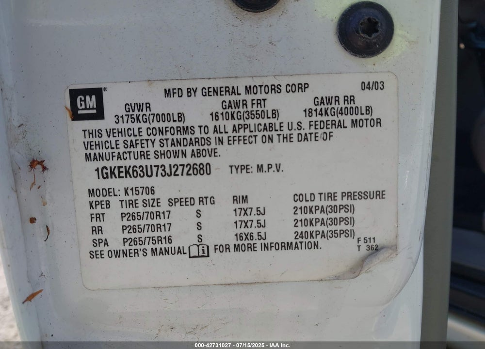 2003 GMC YUKON DENALI VIN: 1GKEK63U73J272680