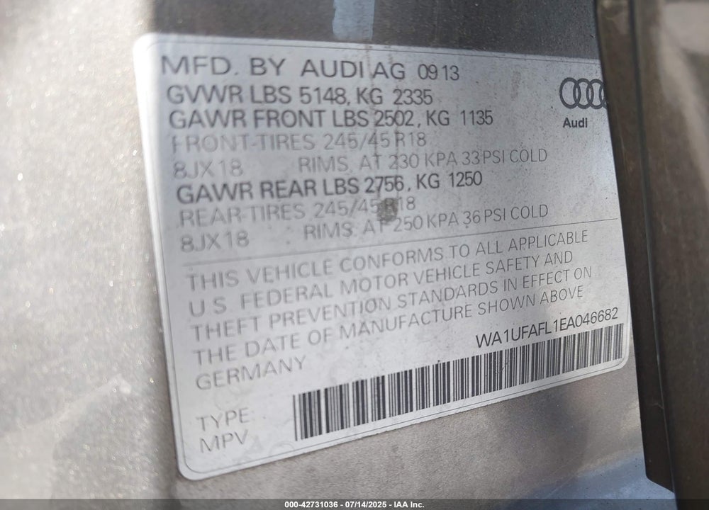 2014 AUDI ALLROAD VIN: WA1UFAFL1EA046682
