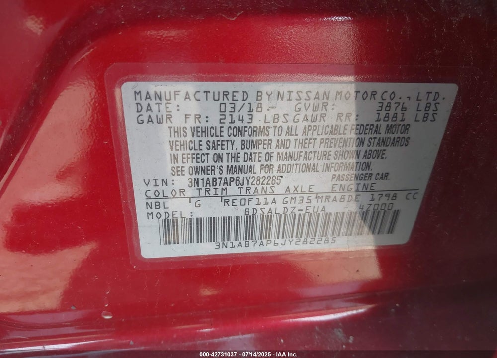 2018 NISSAN SENTRA VIN: 3N1AB7AP6JY282285