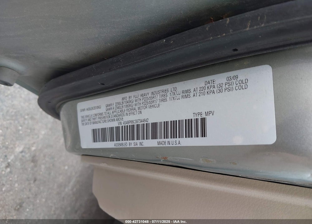 2009 SUBARU OUTBACK VIN: 4S4BP66C397344642