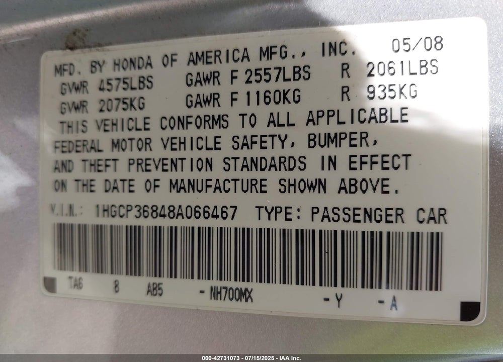 2008 HONDA ACCORD 3.5 EX-L VIN: 1HGCP36848A066467