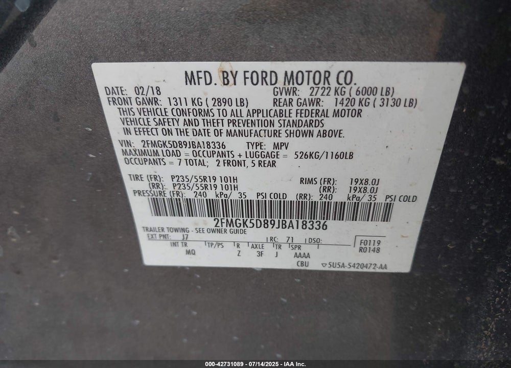 2018 FORD FLEX VIN: 2FMGK5D89JBA18336