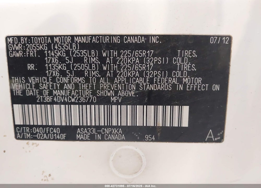 2012 TOYOTA RAV4 VIN: 2T3BF4DV4CW236770