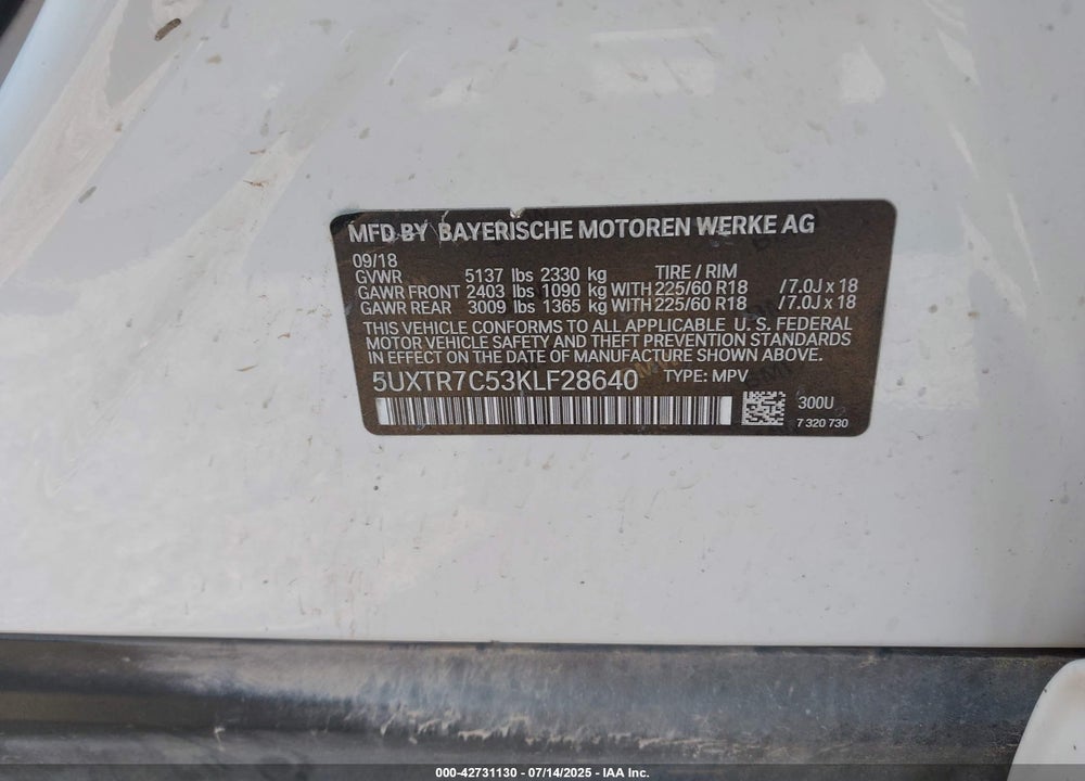 2019 BMW X3 VIN: 5UXTR7C53KLF28640