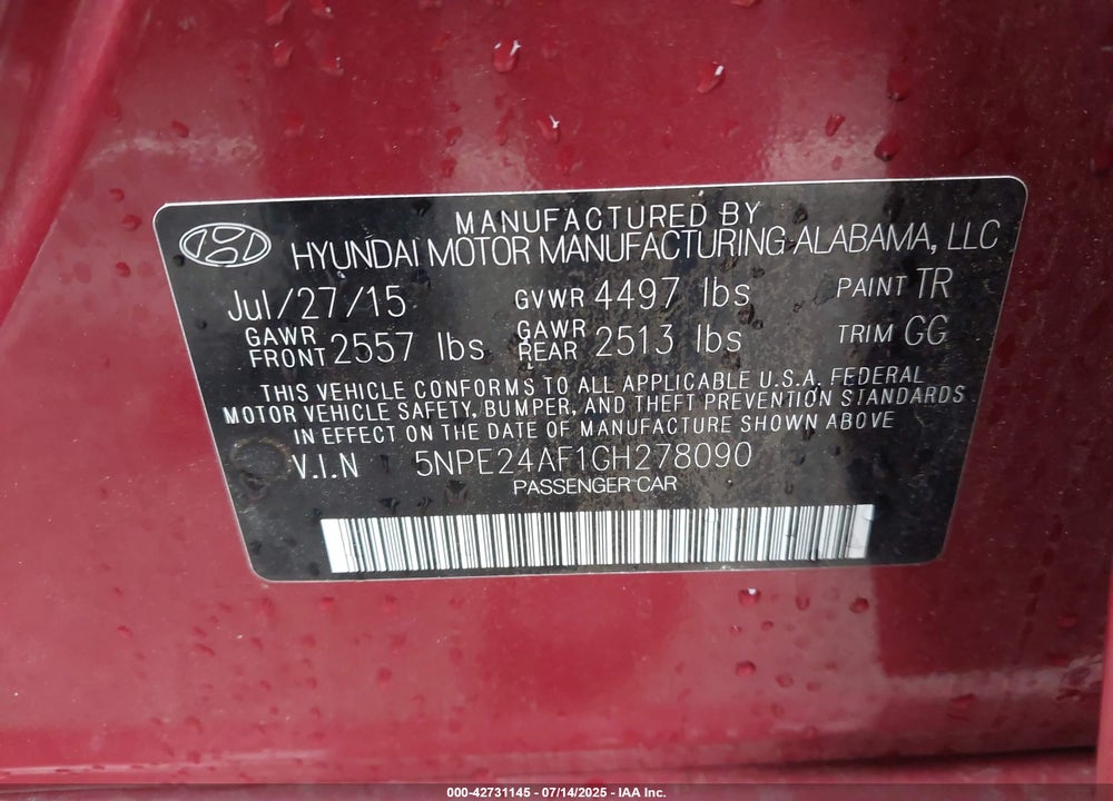 2016 HYUNDAI SONATA SE VIN: 5NPE24AF1GH278090