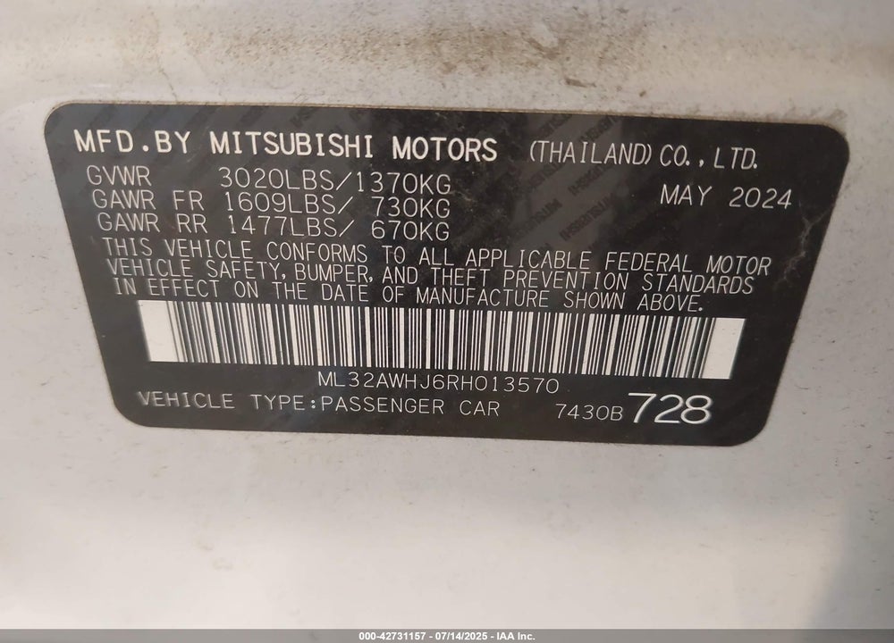 2024 MITSUBISHI MIRAGE VIN: ML32AWHJ6RH013570