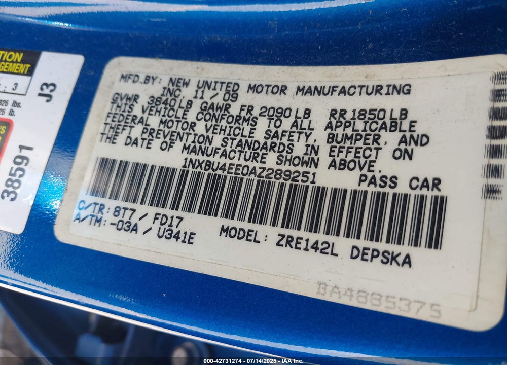 2010 TOYOTA COROLLA VIN: 1NXBU4EE0AZ289251