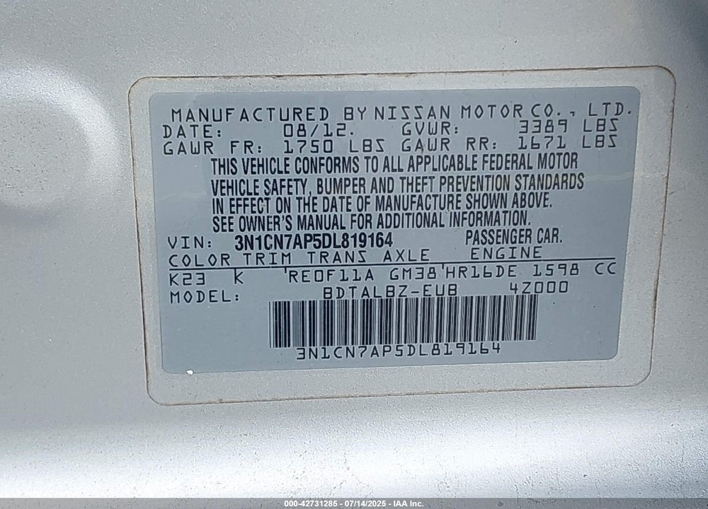 2013 NISSAN VERSA 1.6 SV VIN: 3N1CN7AP5DL819164