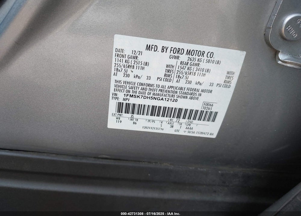 2022 FORD EXPLORER VIN: 1FMSK7DH5NGA12120