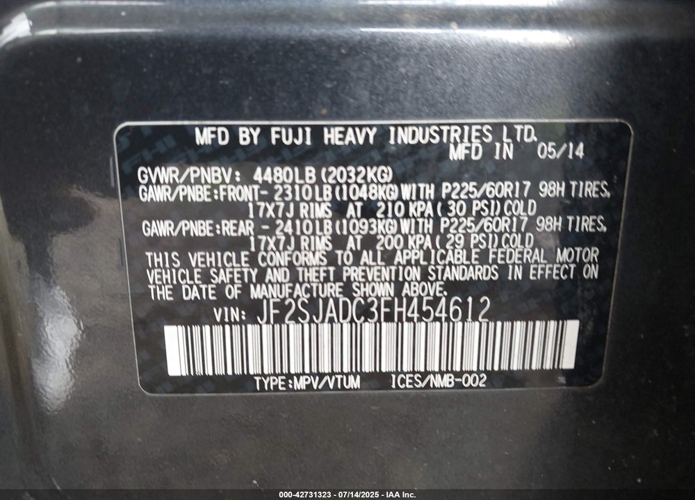 2015 SUBARU FORESTER 2.5I PREMIUM VIN: JF2SJADC3FH454612