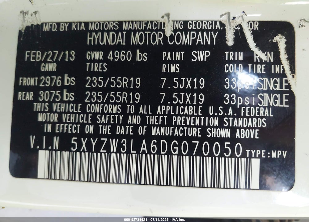 2013 HYUNDAI SANTA FE VIN: 5XYZW3LA6DG070050
