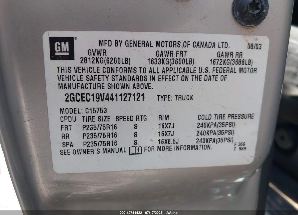 2004 CHEVROLET SILVERADO 1500 LS VIN: 2GCEC19V441127121