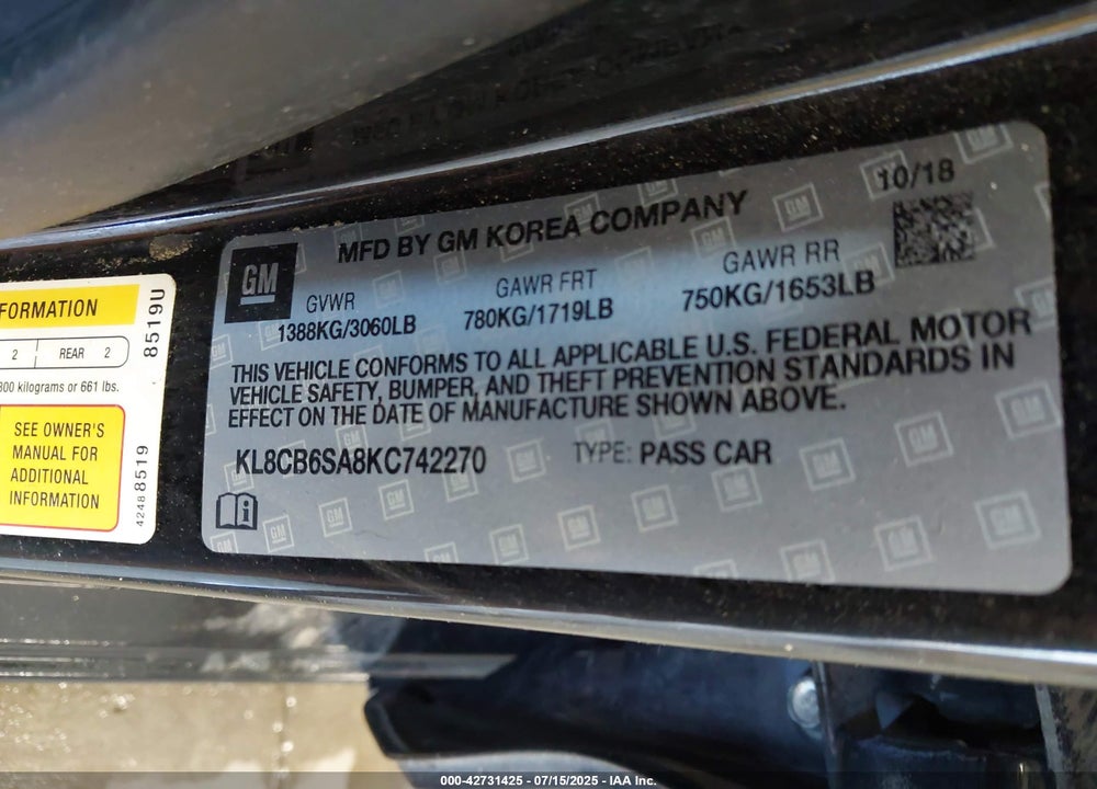 2019 CHEVROLET SPARK VIN: KL8CB6SA8KC742270
