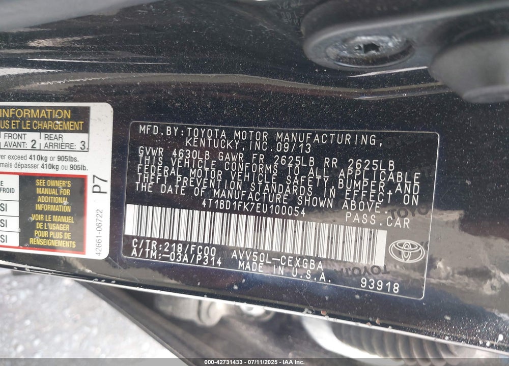 2014 TOYOTA CAMRY VIN: 4T1BD1FK7EU100054