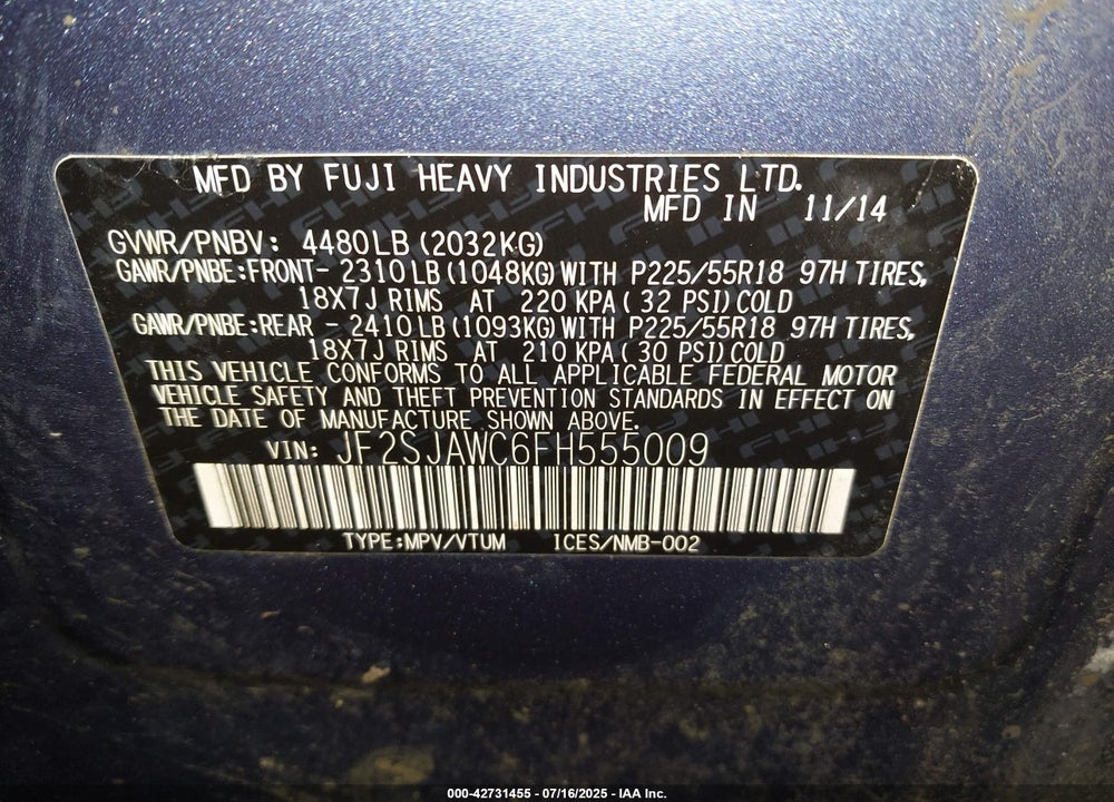 2015 SUBARU FORESTER VIN: JF2SJAWC6FH555009