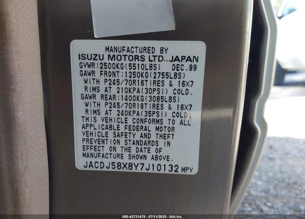 2000 ISUZU TROOPER LIMITED/LS/S VIN: JACDJ58X8Y7J10132