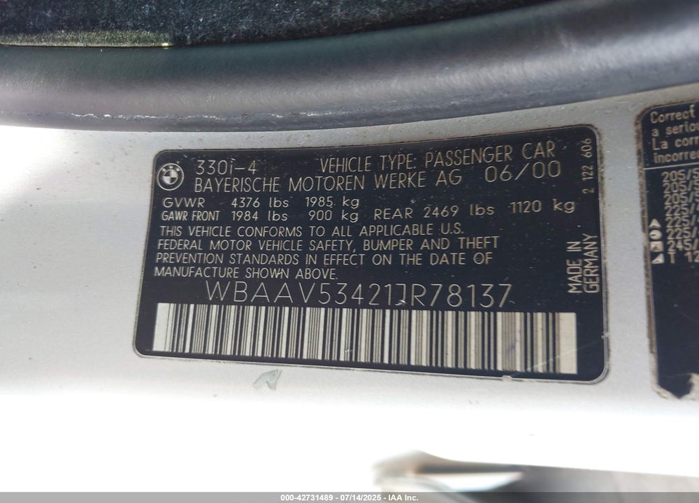 2001 BMW 330I VIN: WBAAV53421JR78137