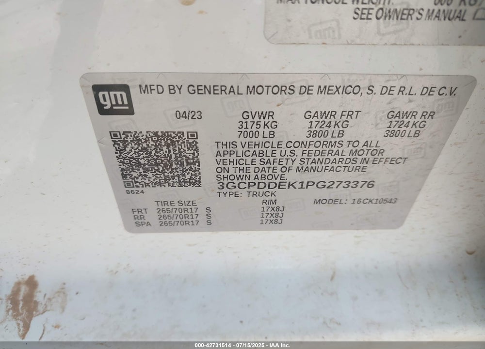 2023 CHEVROLET SILVERADO 1500 4WD STANDARD BED LT VIN: 3GCPDDEK1PG273376