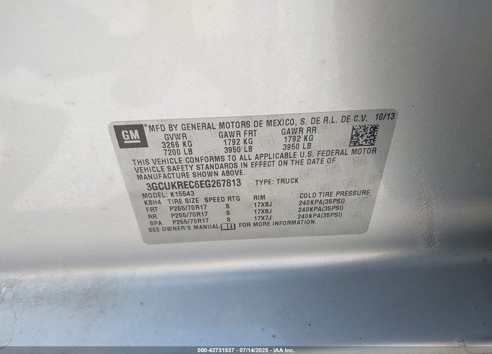 2014 CHEVROLET SILVERADO 1500 VIN: 3GCUKREC6EG267813