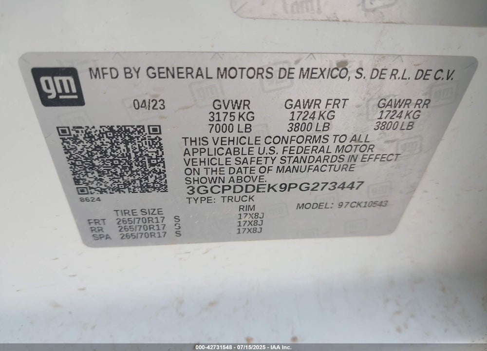 2023 CHEVROLET SILVERADO 1500 4WD STANDARD BED LT VIN: 3GCPDDEK9PG273447