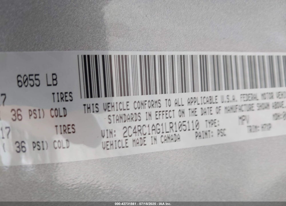 2020 CHRYSLER VOYAGER L VIN: 2C4RC1AG1LR105110