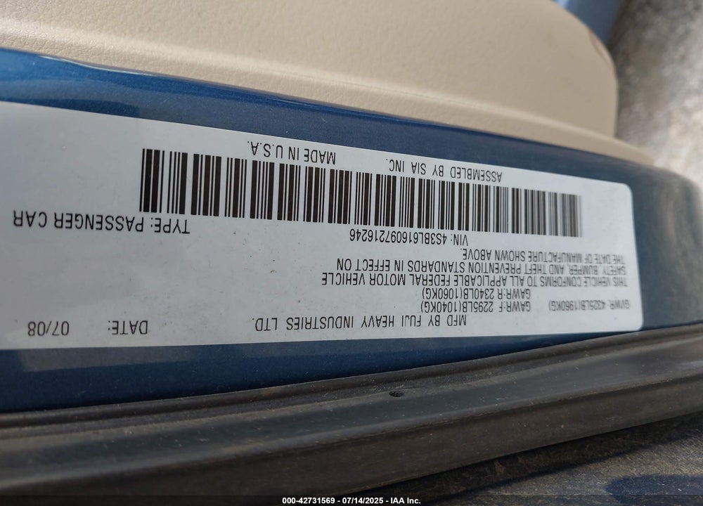 2009 SUBARU LEGACY VIN: 4S3BL616097216246