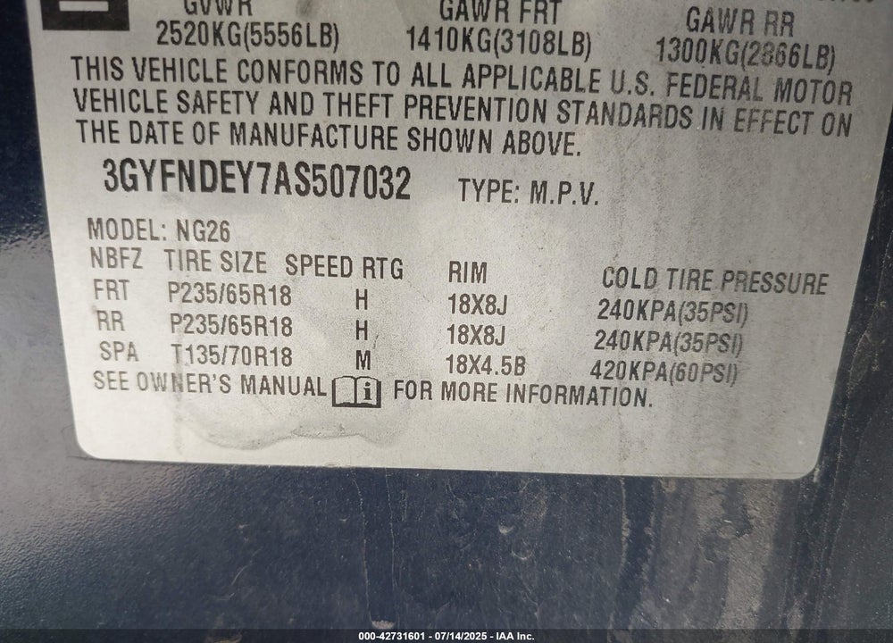 2010 CADILLAC SRX VIN: 3GYFNDEY7AS507032
