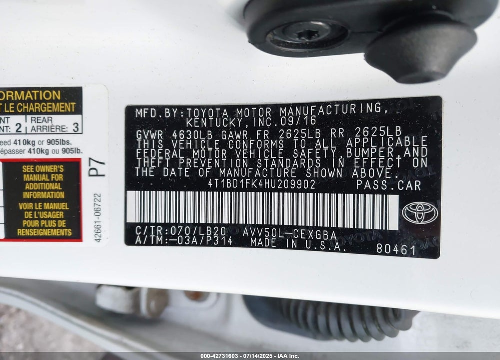 2017 TOYOTA CAMRY HYBRID VIN: 4T1BD1FK4HU209902