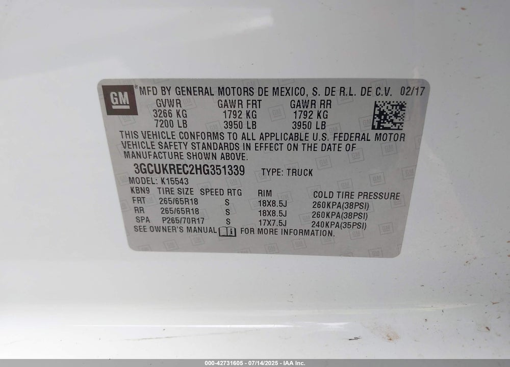 2017 CHEVROLET SILVERADO 1500 1LT VIN: 3GCUKREC2HG351339