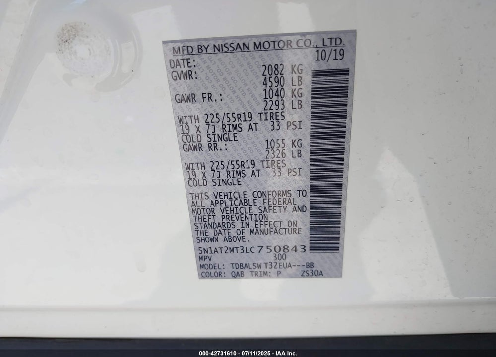 2020 NISSAN ROGUE VIN: 5N1AT2MT3LC750843