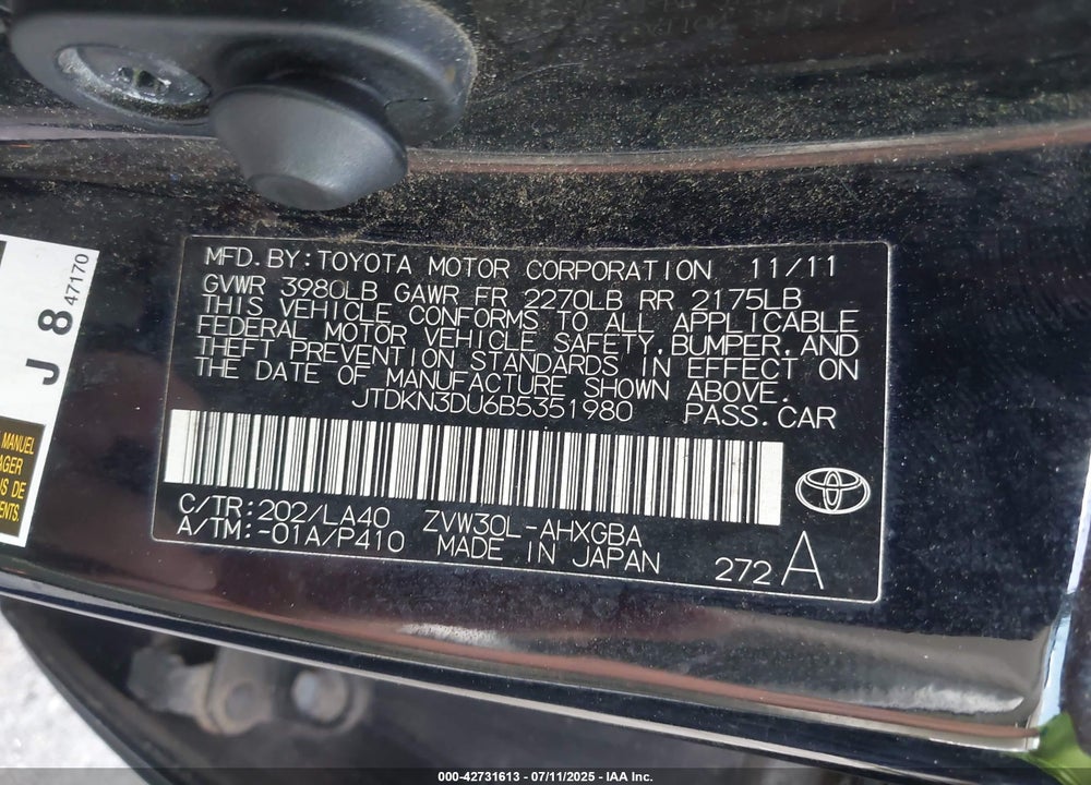 2011 TOYOTA PRIUS VIN: JTDKN3DU6B5351980