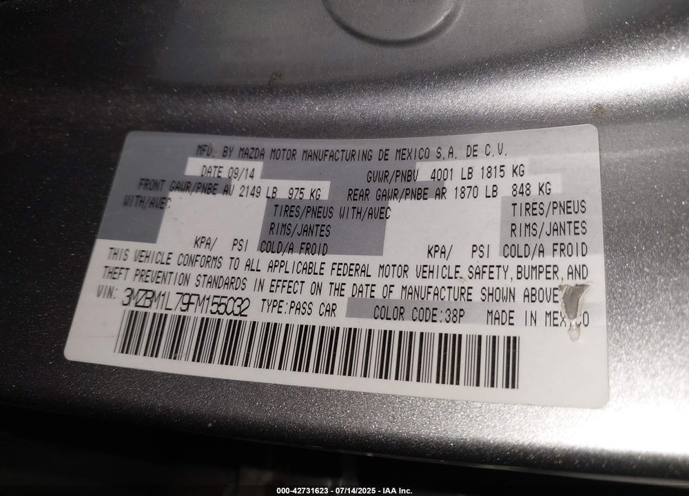 2015 MAZDA 3 VIN: 3MZBM1L79FM155032