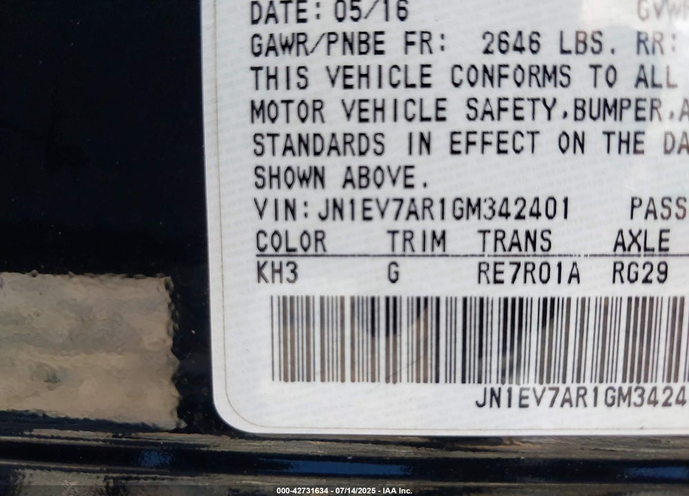 2016 INFINITI Q50 VIN: JN1EV7AR1GM342401