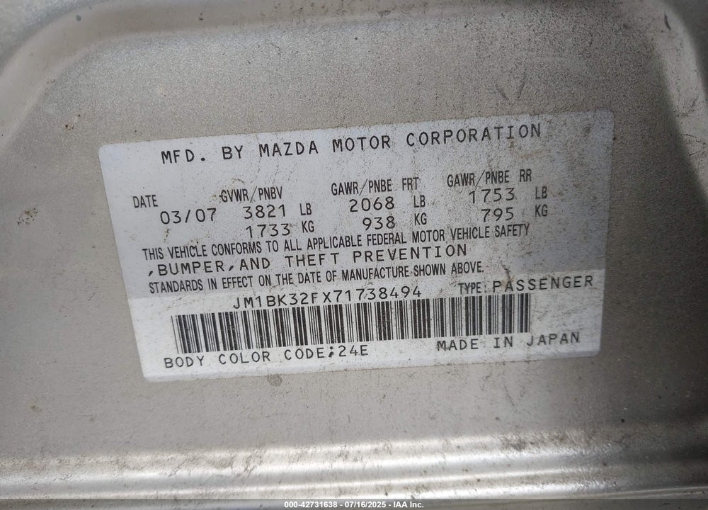2007 MAZDA 3 VIN: JM1BK32FX71738494