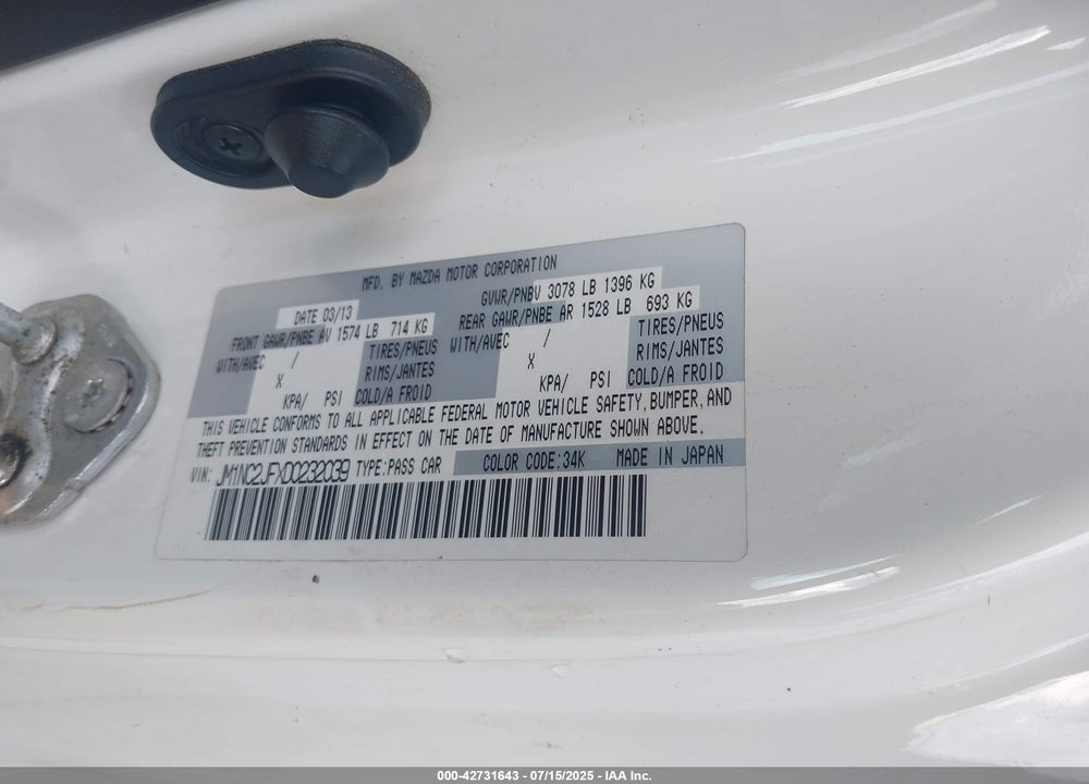 2013 MAZDA MX-5 MIATA VIN: JM1NC2JFXD0232039