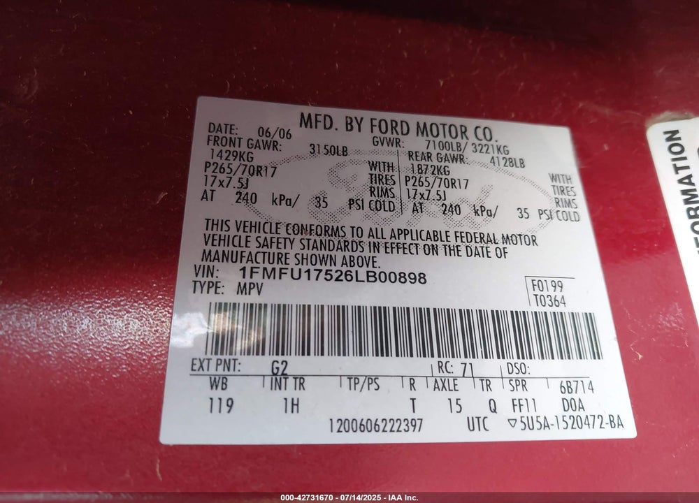 2006 FORD EXPEDITION VIN: 1FMFU17526LB00898
